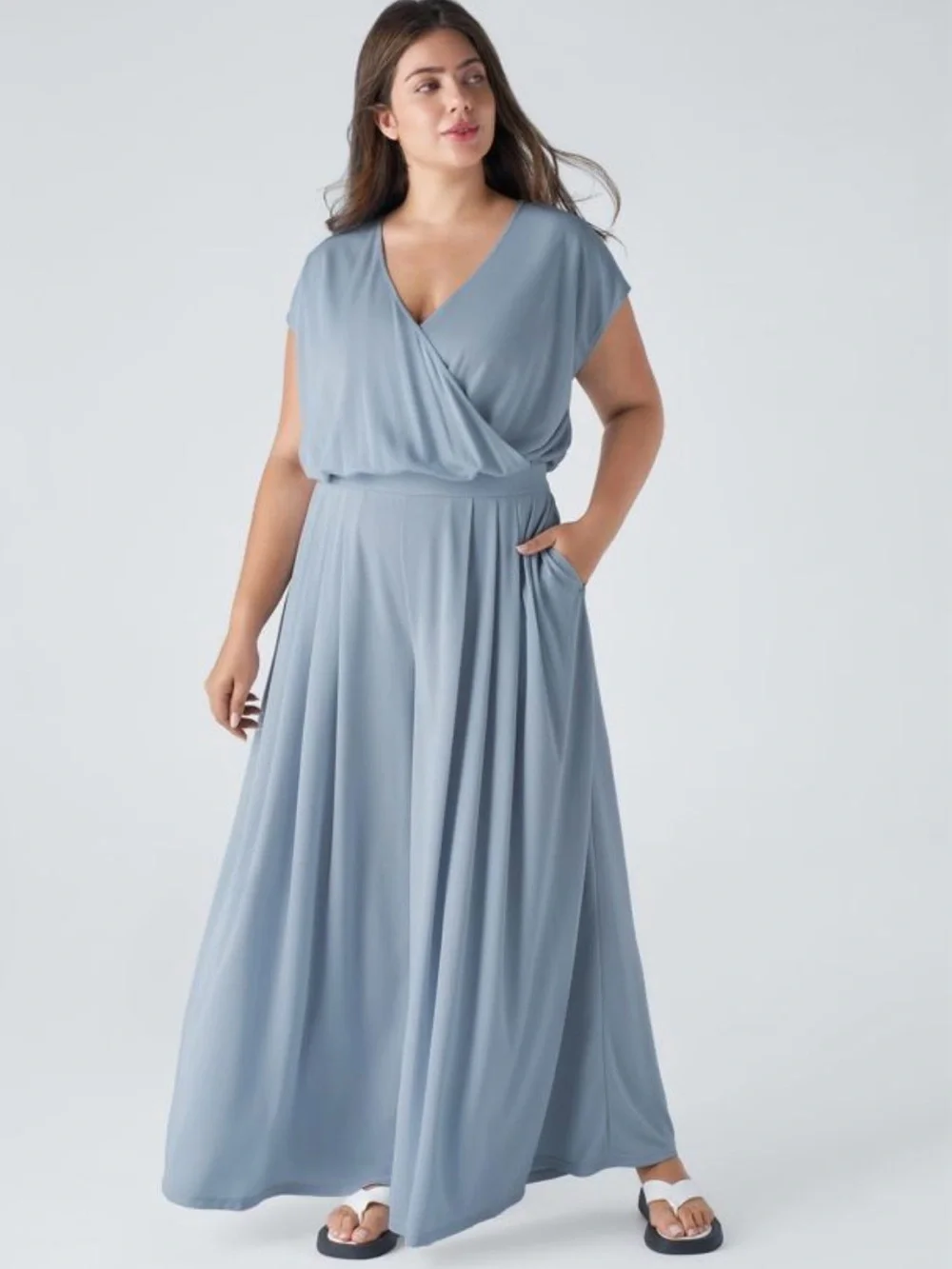 Halara V Neck Short Sleeve Pocket Wide Leg Flowy Waffle Casual Jumpsuit - Picture 1 of 7